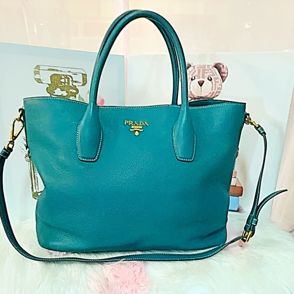 Prada Vitello Daino Leather 2-Way Tote Bag in a teal or green color - Picture 2 of 11